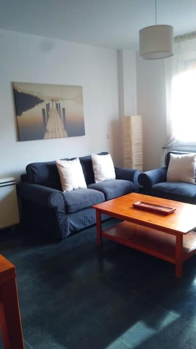 a living room with a blue couch and a coffee table at Piso Encanto Palmeiro in Jove