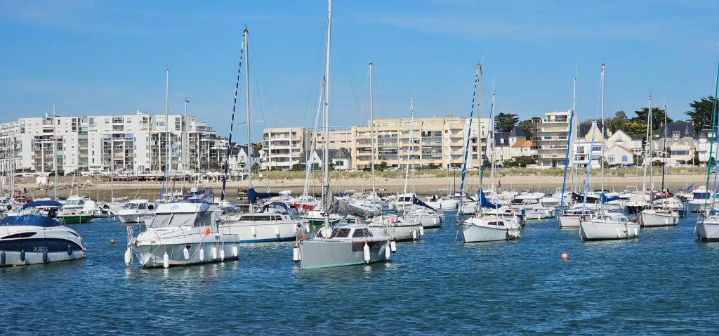 Une bande de bateaux amarrés dans un port avec des bâtiments dans l'établissement KerLorandeEvens, face mer, parking, à Pornichet