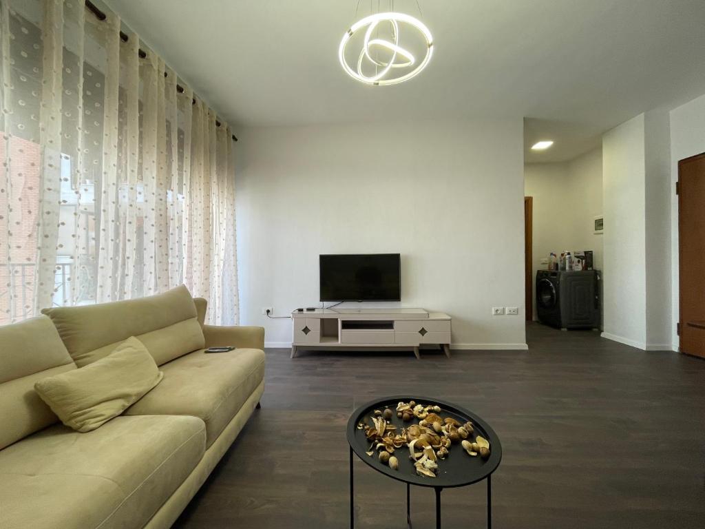 a living room with a couch and a tv at JO-AL, Delijorgji in Tirana