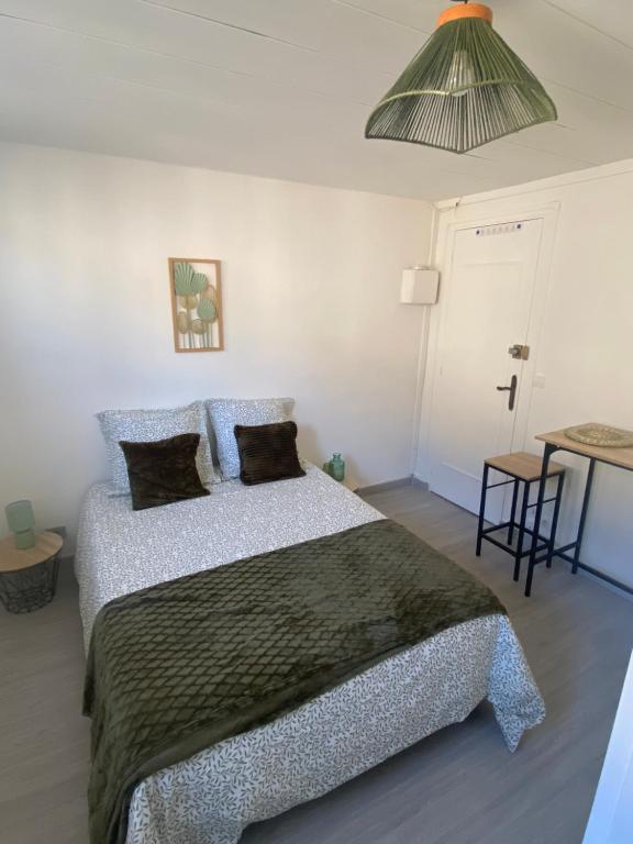 - une chambre avec un lit et une lampe pendant dans l'établissement Charmant appartement proche CDG, à Tremblay-en-France