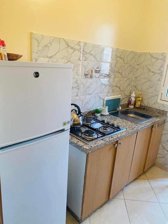 een keuken met een witte koelkast en een spoelbak bij Ain Attiq in Temara