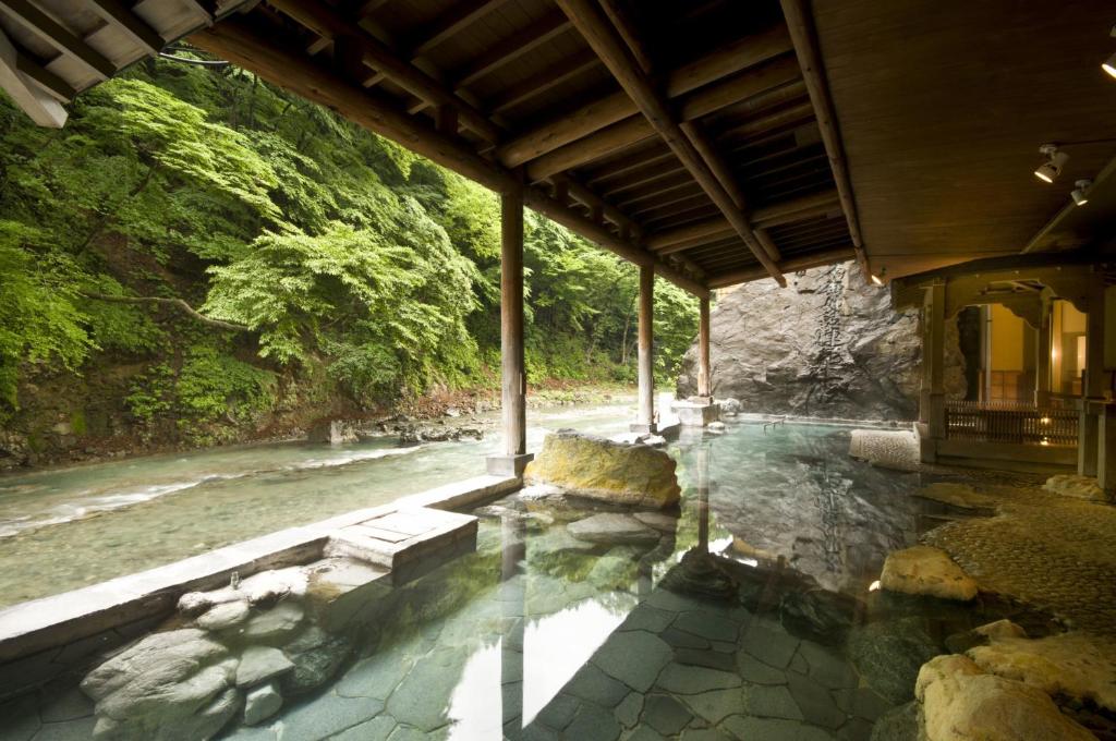 a building with a pool of water next to a river at Shima Yamaguchikan in Nakanojo