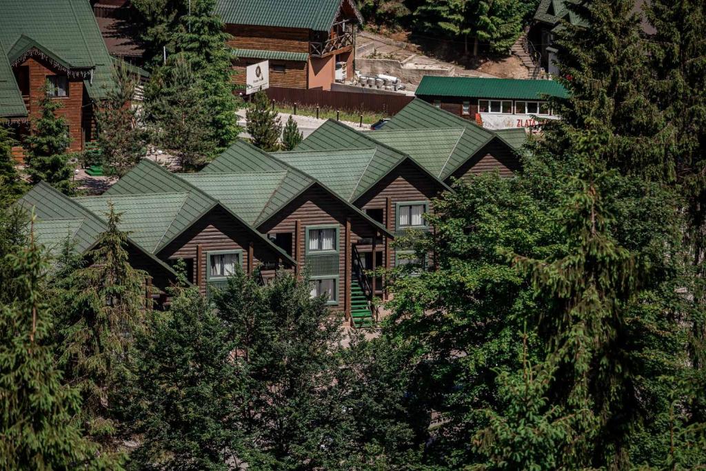an aerial view of a house with green roofs at Bukovel Hotel in Bukovel