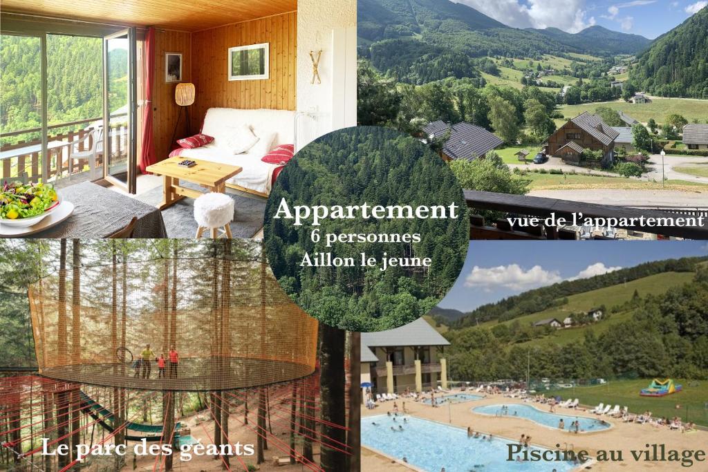 un collage de photos d'une chambre d'hôtel avec piscine dans l'établissement Edelweiss, à Aillon-le-Jeune
