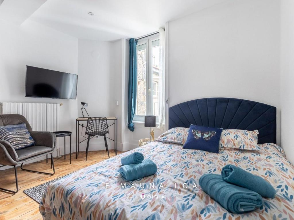 une chambre avec un lit avec des oreillers bleus dessus dans l'établissement Le Mauna Loa ~ Centre-ville ~ Climatisation, à Clermont-Ferrand