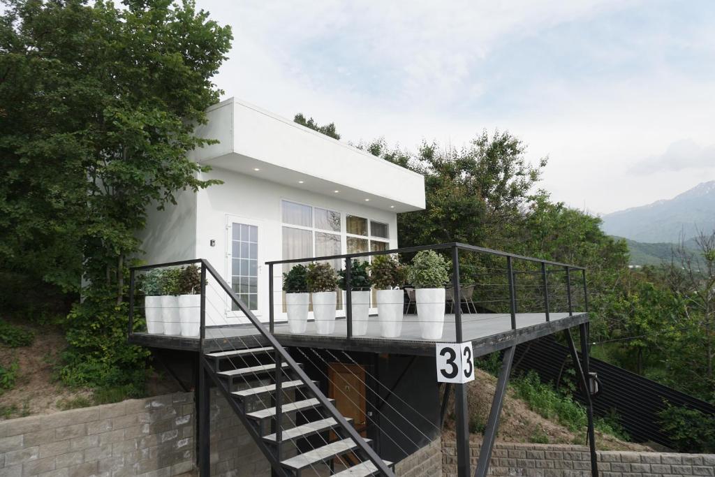 une maison avec un escalier et des plantes en pot dessus dans l'établissement Домик 3 Kok Tobe Village, à Almaty