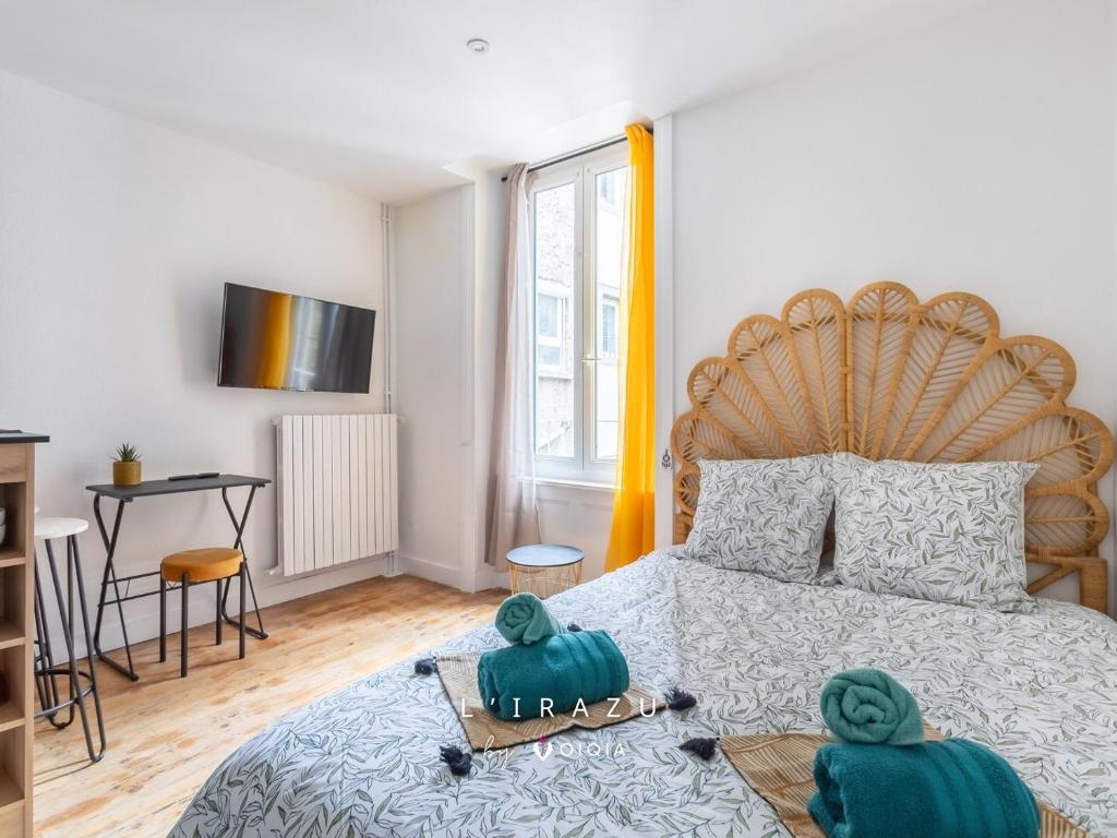 - une chambre avec un lit avec 2 tortues dans l'établissement L'Irazu ~ Centre-ville ~ Climatisation, à Clermont-Ferrand