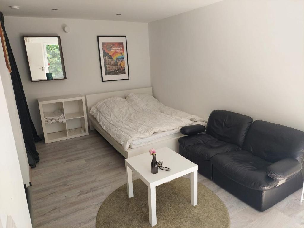 een woonkamer met een bank en een bed bij City-Apartment in Dortmund