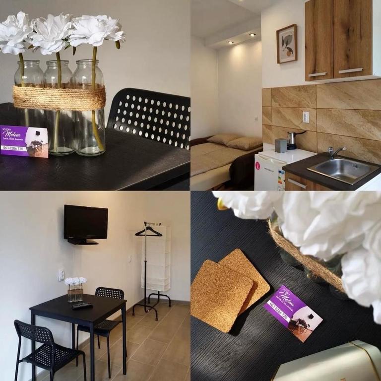 a collage of photos of a kitchen and a room at Studio Melem 2 in Soko Banja