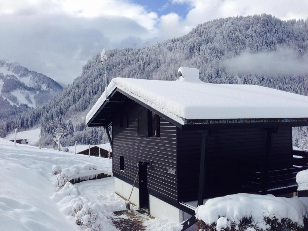 シャテルにあるChalet 6 pers à Châtel, proche centre et remontées, terrasse et équipements modernes - FR-1-676-135の山を背景にした雪に覆われたキャビン