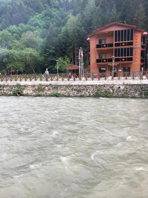 a group of birds sitting on a bridge over a river at Mego Suite Otel in Uzungöl