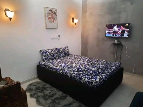 a bedroom with a bed in the corner of a room at Magnifique studio à Mpita in Pointe-Noire