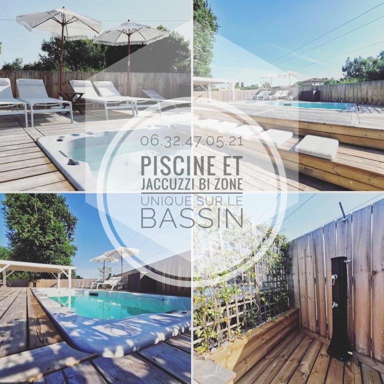 un collage de photos avec une piscine et un parasol dans l'établissement Villa Milea - Lège Cap-Ferret, à Lège-Cap-Ferret