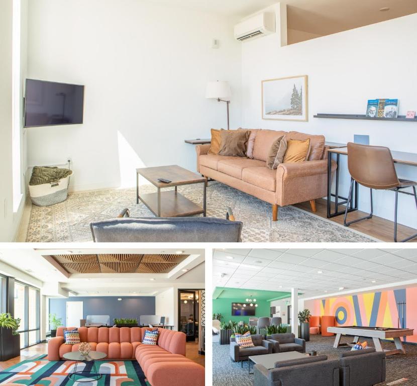 a living room with a couch and a table at Modern East Side 1BR Apt with Balcony, Pool, and Gym in Milwaukee