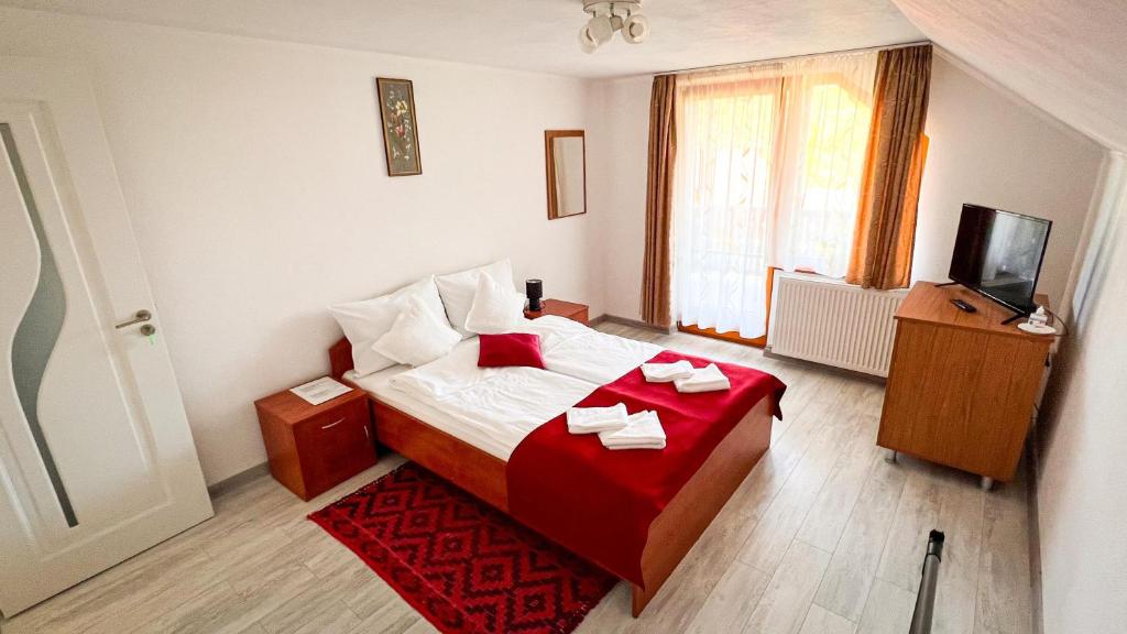 a hotel room with a bed and a television at Casa Ferenczi Vendégház in Sovata