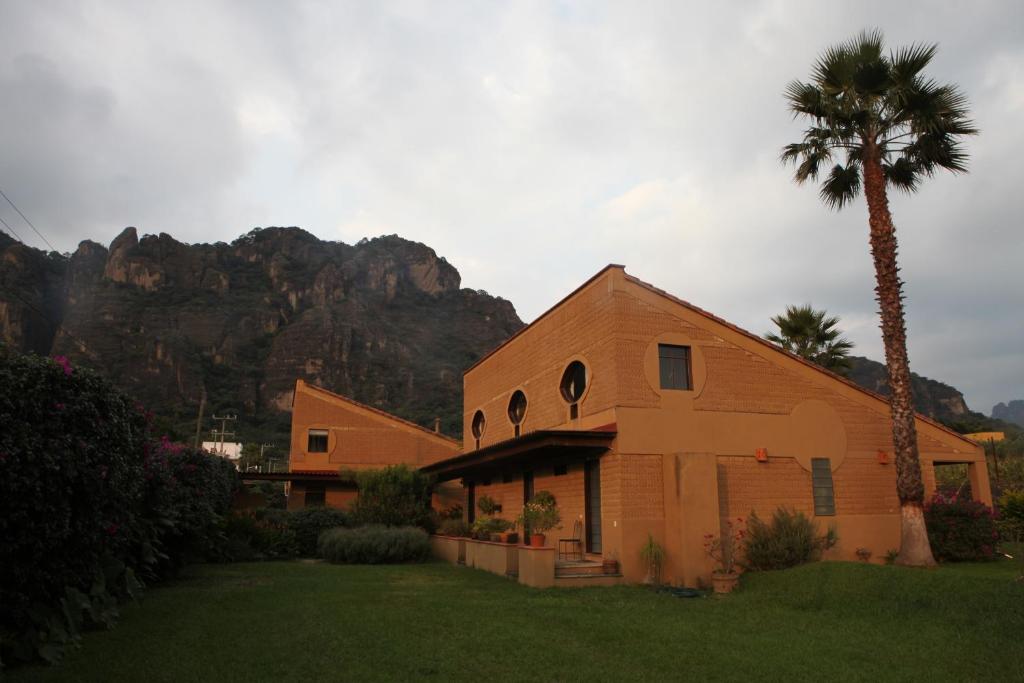 a house with a palm tree in front of a mountain at Madre Tierra B&B in Tepoztlán