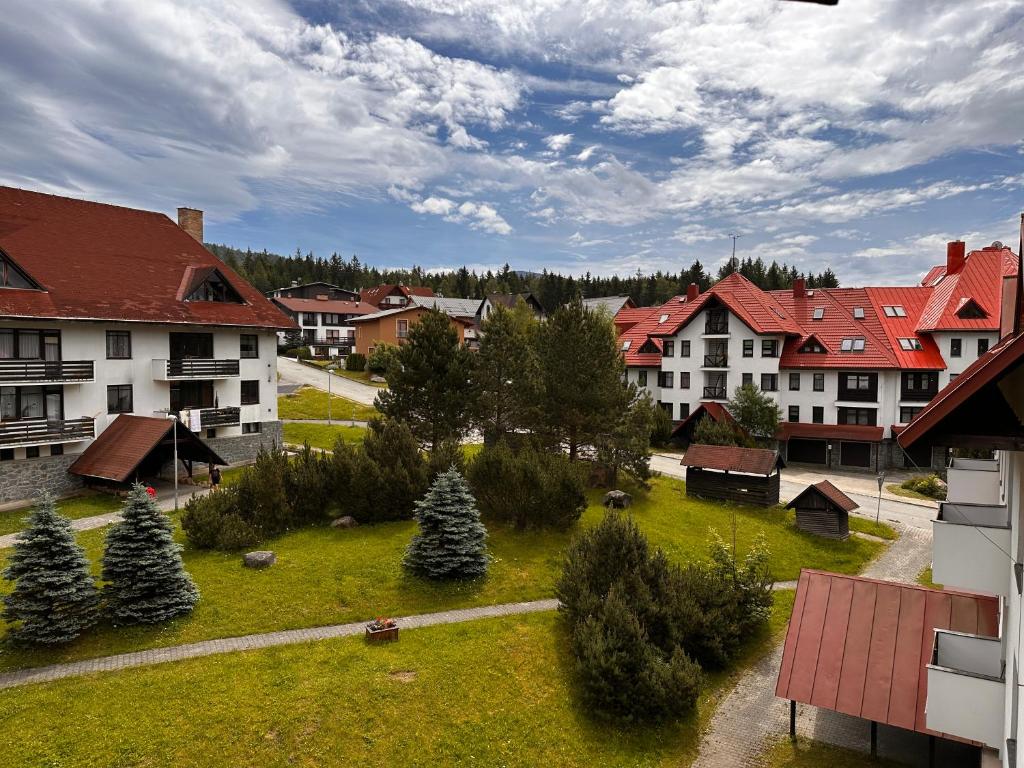 an aerial view of a town with houses and trees at Apartmán Chlupáč in Harrachov