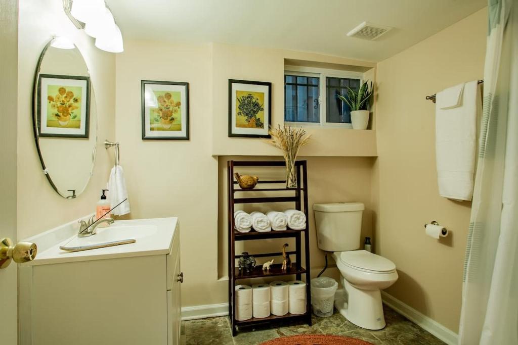 a bathroom with a toilet and a sink and a mirror at 2-BR City Retreat Peace Privacy & Parking in Washington, D.C.