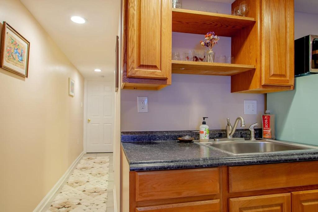 a kitchen with a sink and wooden cabinets at 2-BR City Retreat Peace Privacy & Parking in Washington, D.C.