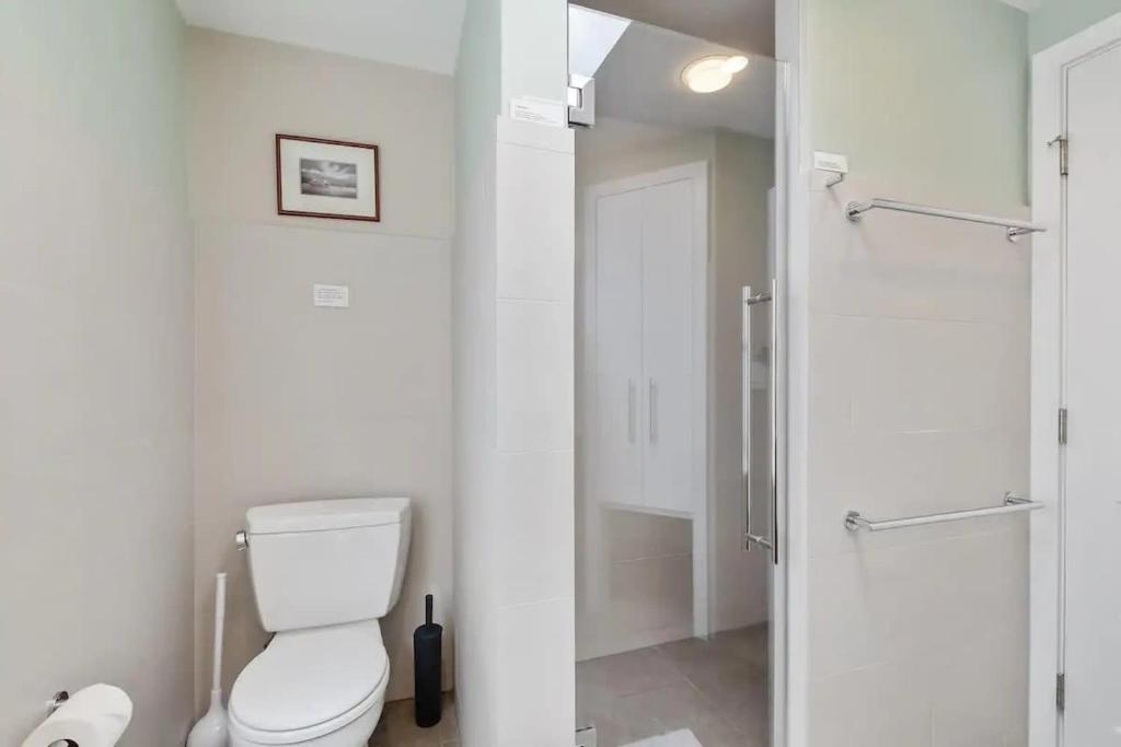 a white bathroom with a toilet and a shower at Historic & Modern Capitol Hill 2-BR Row Home in Washington, D.C.