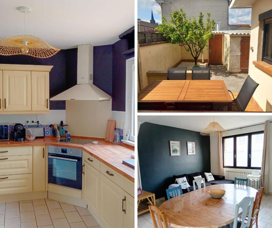 3 photos d'une cuisine et d'une salle à manger dans l'établissement L'échappée Belle, à Gravelines