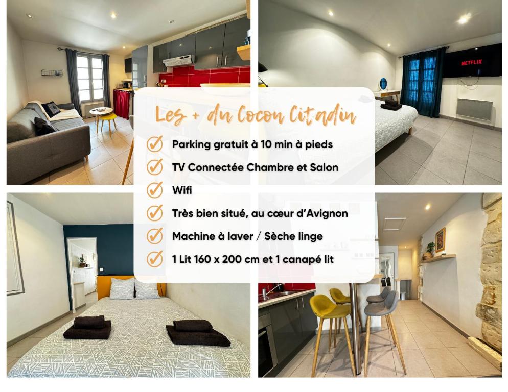 un collage de photos d'un salon et d'une chambre dans l'établissement Le Cocon Citadin - Parking Gratuit à 500 m - 2 Smart TV, à Avignon