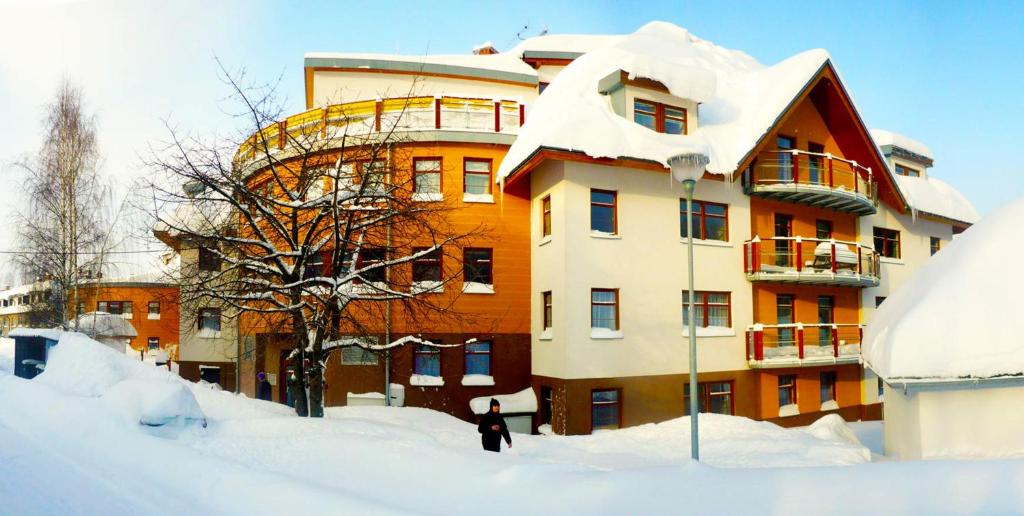 a person standing in front of a building covered in snow at Apartmány Rokytka u sjezdovky in Rokytnice nad Jizerou