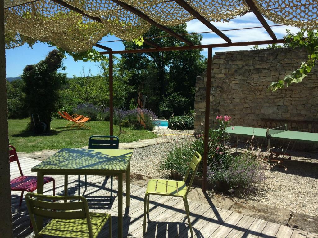 un patio avec une table et des chaises sous une pergola dans l'établissement Gîte de Berle, à Chauffour-sur-Vell