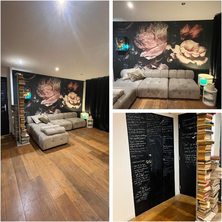 deux photos d'un salon avec un lit et un mur avec des fleurs dans l'établissement Appartement mini loft 54m2- 200m STADE VELODROME-trés proche PALAIS DES SPORTS et PLAGES du Prado, à Marseille