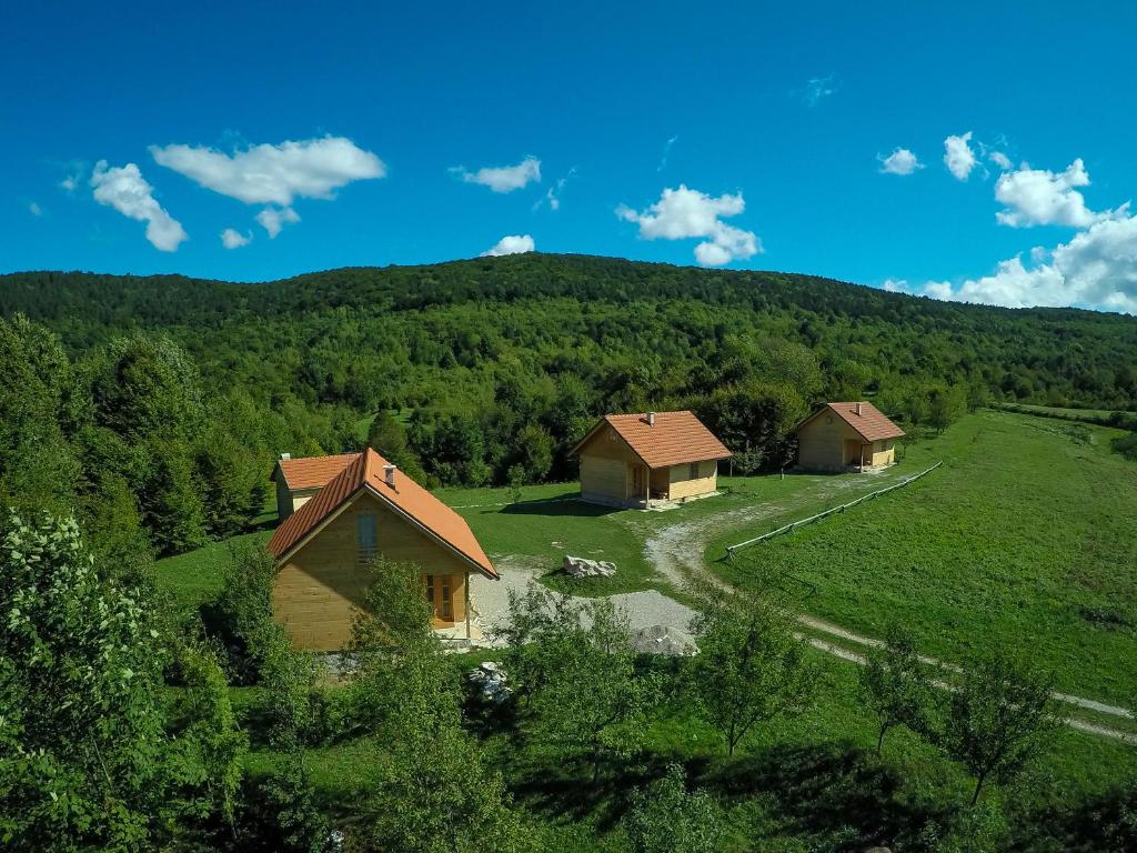 a group of houses in a field with a mountain at Holiday Homes Eko Klanac in Rakovica