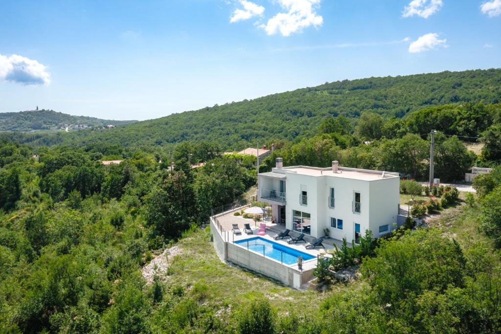 an aerial view of a house with a swimming pool at Villa Manola by Briskva in Labin