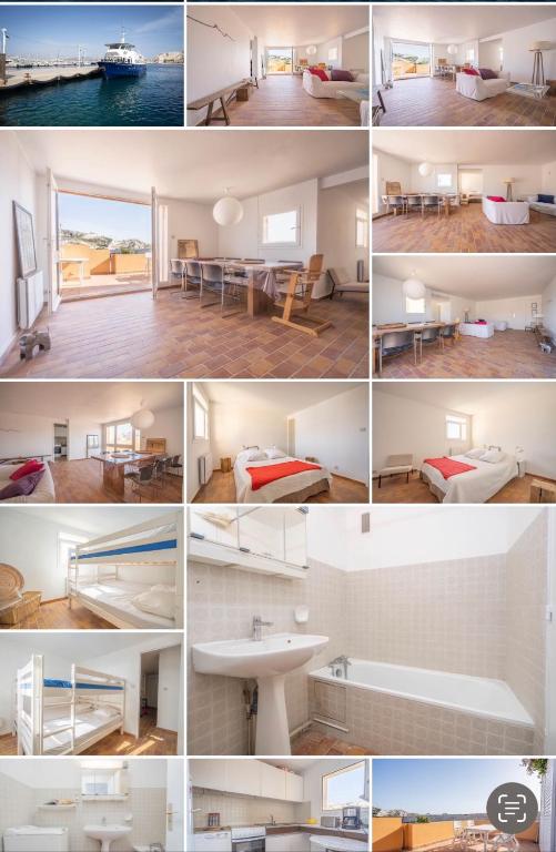 un collage de photos d'une chambre d'hôtel avec un lavabo dans l'établissement Le cabanon, à Marseille