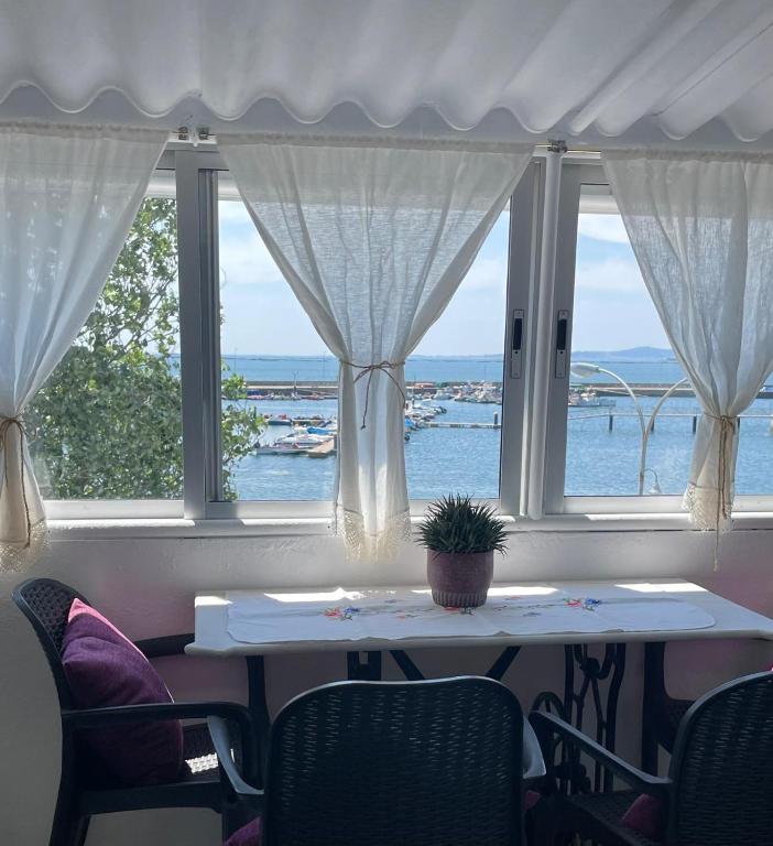 stół z doniczką w pokoju z oknami w obiekcie CASA DA MADRIÑA w mieście Cambados