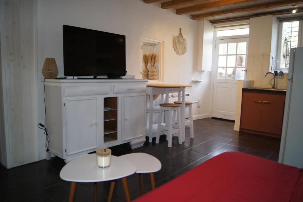 - un salon avec une télévision au-dessus d'une armoire blanche dans l'établissement Studio Albigny A 200 m du lac d'Annecy, à Annecy