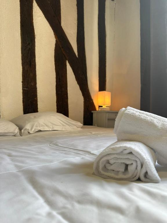 - un lit blanc avec une serviette dans l'établissement Gîtes Place Plumereau de Tours, à Tours