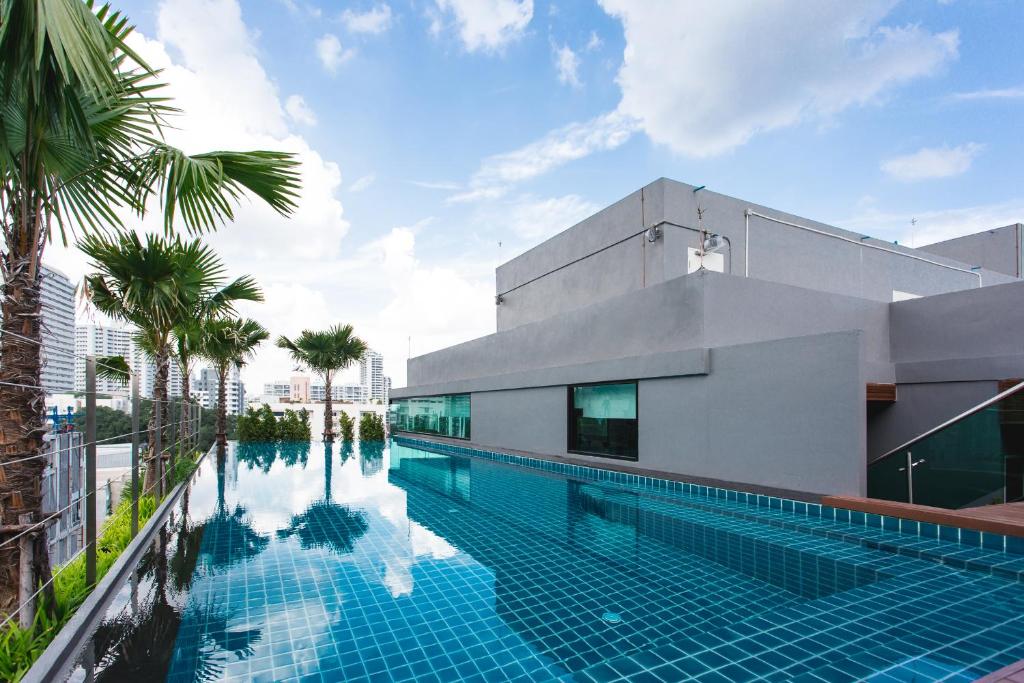 A rooftop infinity-style pool framed by palms and modern rooftop buildings.