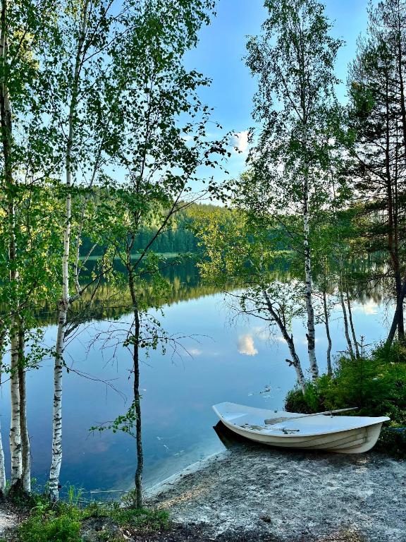 a boat sitting on the shore of a lake at Saunamökki Iltahurri, LaatuLomat in Telakanava