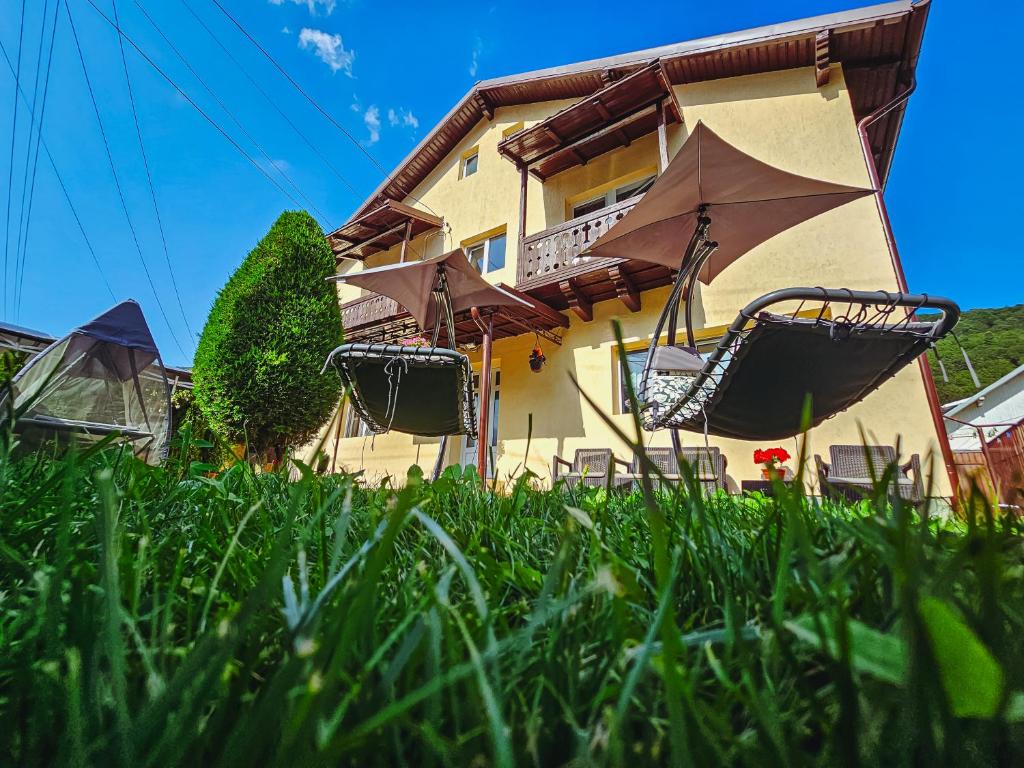a building with chairs and umbrellas in the grass at Alpine Bliss Sinaia in Sinaia