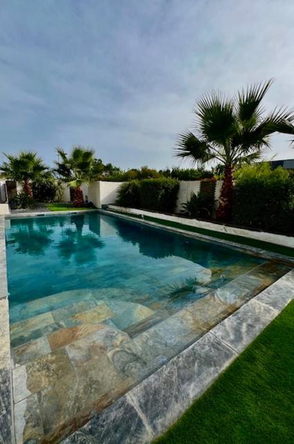 - une grande piscine dans une cour bordée de palmiers dans l'établissement L'instant Détente 34, à Saint-Aunès