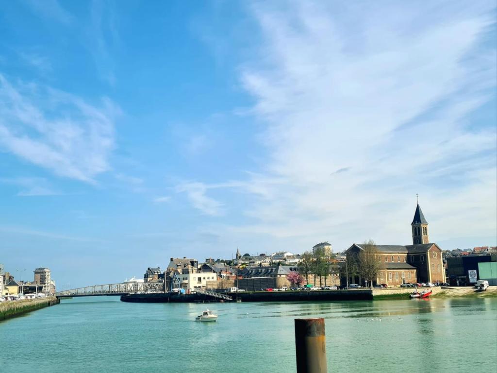 a view of a river with a bridge and a city at Beau 2 pièces charme et confort in Dieppe