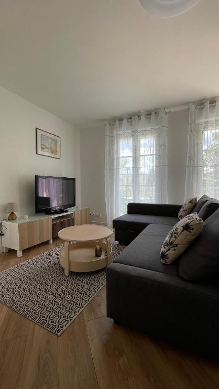 Una sala de estar con un sofá negro y una mesa. en Appartement 15 min Paris Gare du Nord, en Deuil-la-Barre