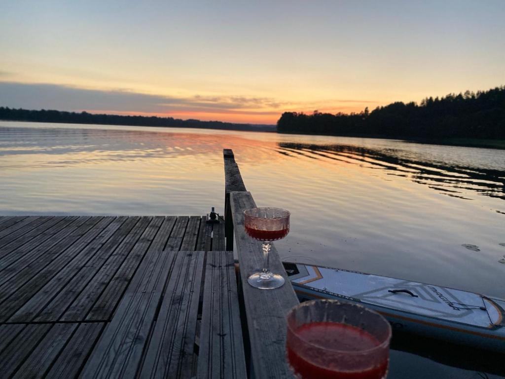 two glasses of wine sitting on a dock near the water at Pakaso sodyba in Kirdeikiai