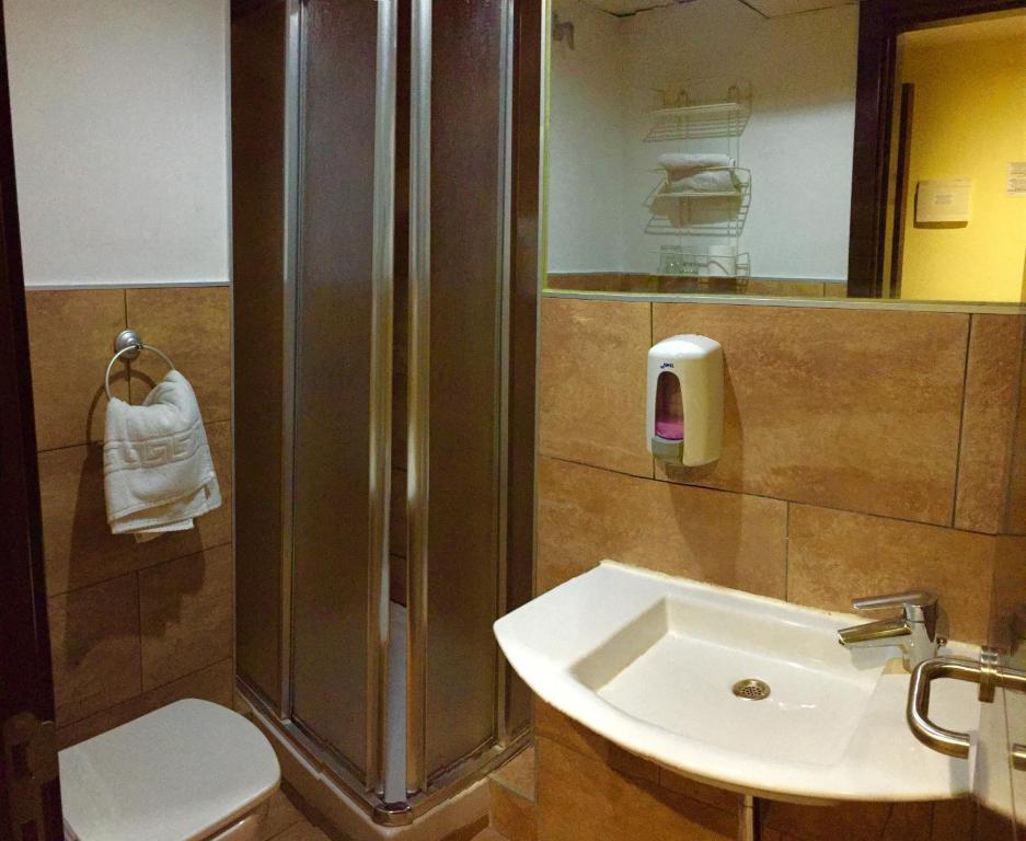 a bathroom with a sink, toilet, and shower stall at Hotel Complutense in Alcalá de Henares