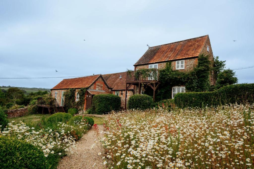 an old house with a field of flowers in front of it at Hayloft Cottage - Rudge Farm Cottages in Bridport