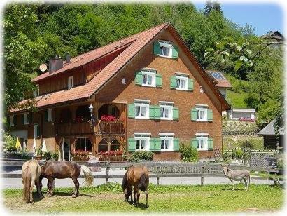 eine Gruppe von Pferden, die vor einem Haus grasen in der Unterkunft Hotel Gasthaus Schäfle in Bürserberg