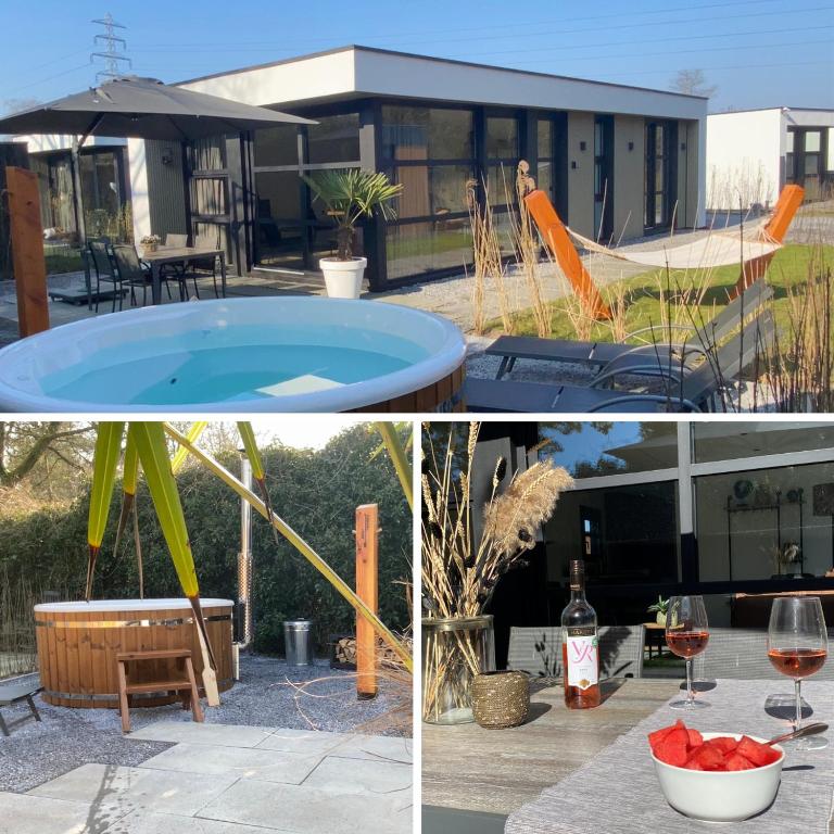 a collage of three pictures of a house with a pool at Luxe 4- persoons Veluwelodge met hottub in Ermelo! in Ermelo