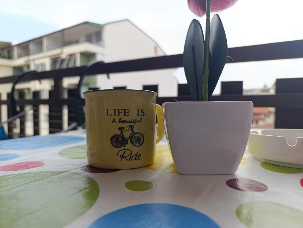 Eine Kaffeetasse steht auf einem Tisch neben einer Vase. in der Unterkunft Rooftop rooms Ohrid in Ohrid