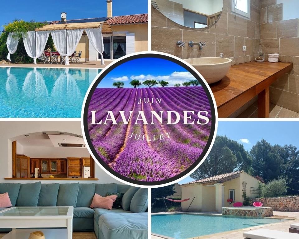 un collage de photos d'une maison avec un panneau lavande dans l'établissement Les glycines-piscine à débordement, à Rians