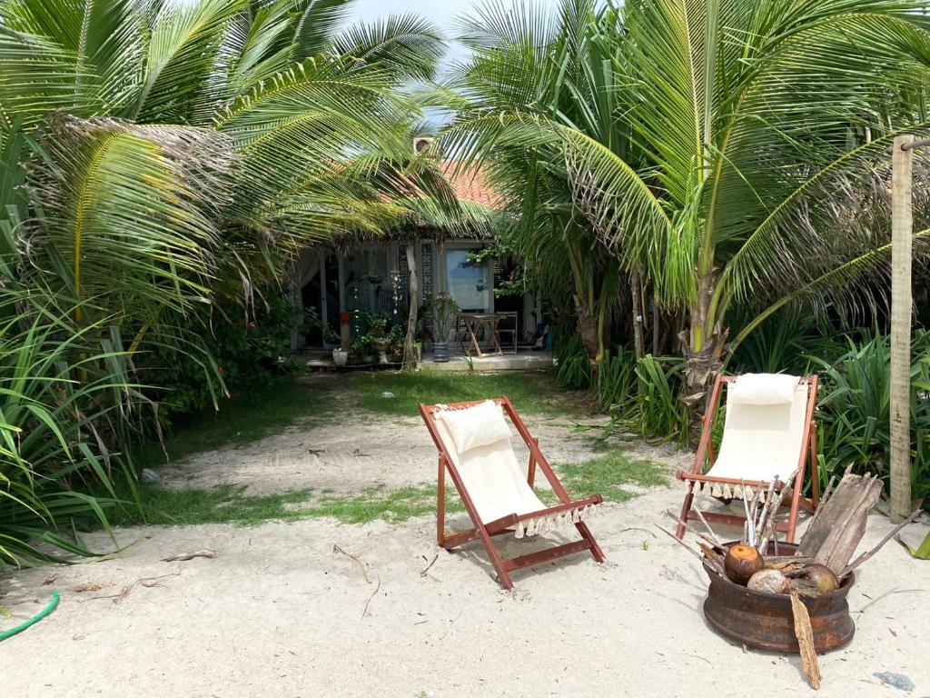 two chairs and a basket of coconuts on the beach at La Moni- Casa frente ao Mar-Sea View in Prea