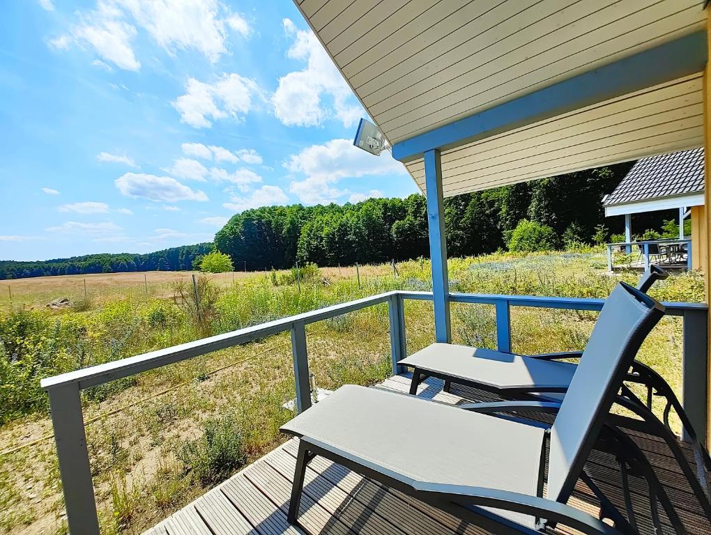 un tavolo e sedie su un portico con vista su un campo di Schwan 315 a Mirow